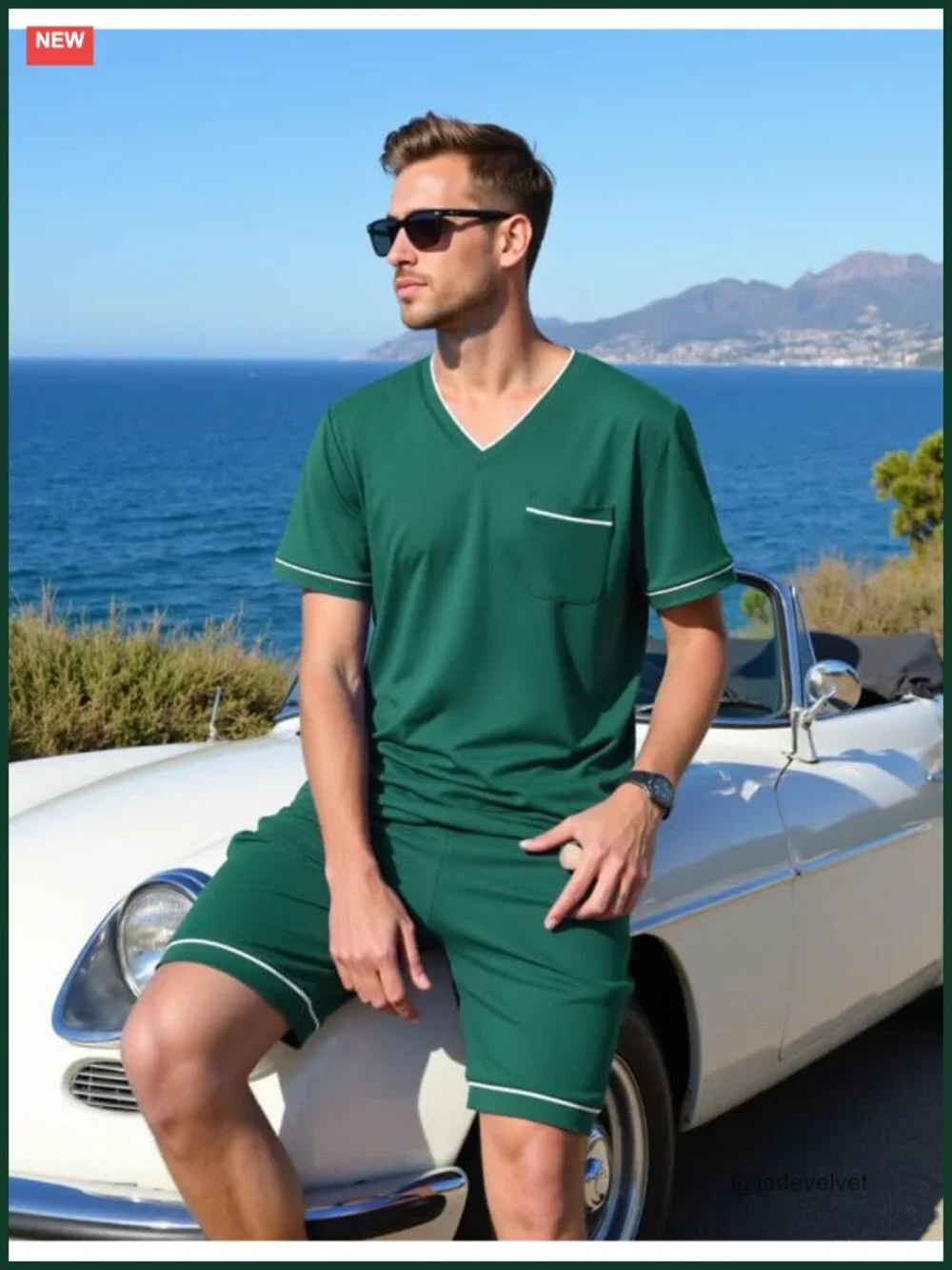 Men's Pajama Set Short Sleeve V-Neck Sleepwear with Pockets